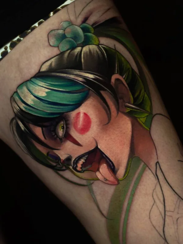 color illustrative tattoo on thigh #95012 | Tattoo Artist Мария Иволга