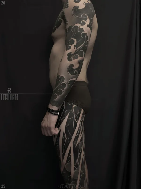 male blackandgrey japanese tatuaje en leg #96585 | Tatuador РОМАН МИГУРА