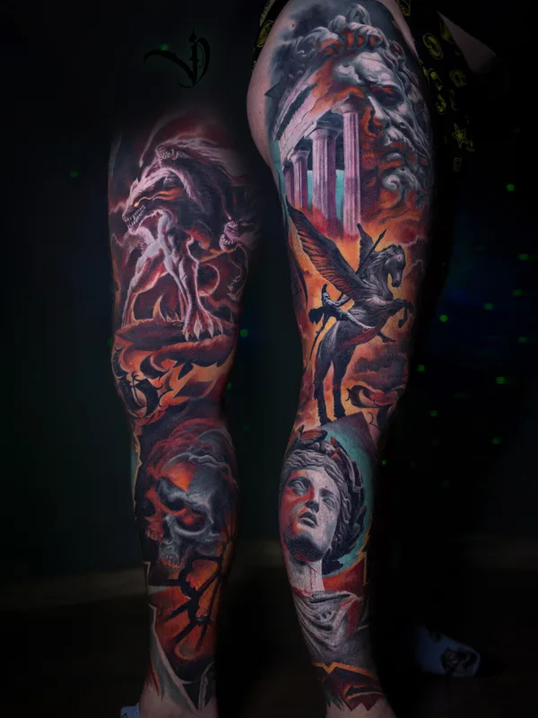male color realism tattoo on leg #93575 | Tattoo Artist Дмитрий Варлаков