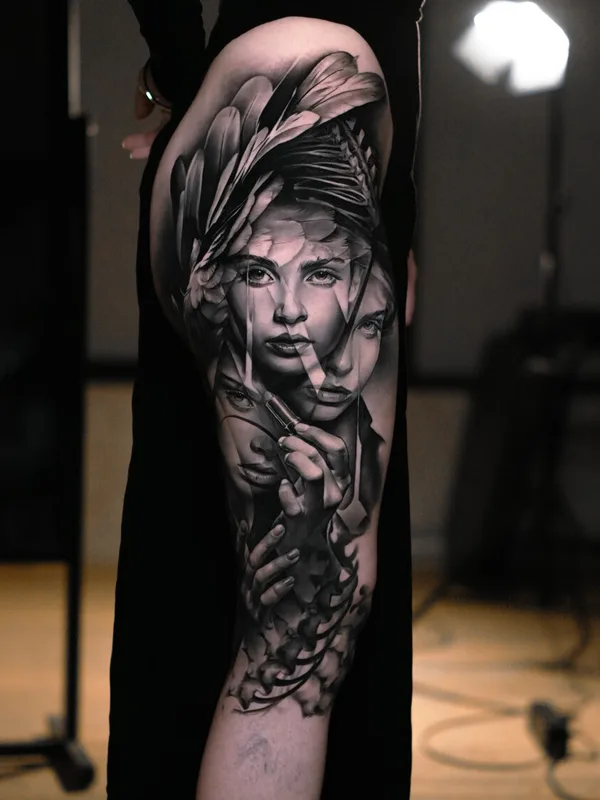female black and grey realism Tatuagem em thigh #100742 | Tatuador Dan Starr