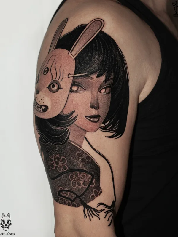 female black and grey illustrative татуировка на upper arm #96933 | Тату мастер Sicko Black