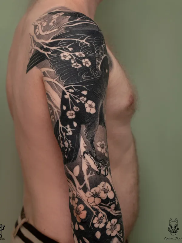 male black and grey japanese татуировка на full sleeve #96935 | Тату мастер Sicko Black