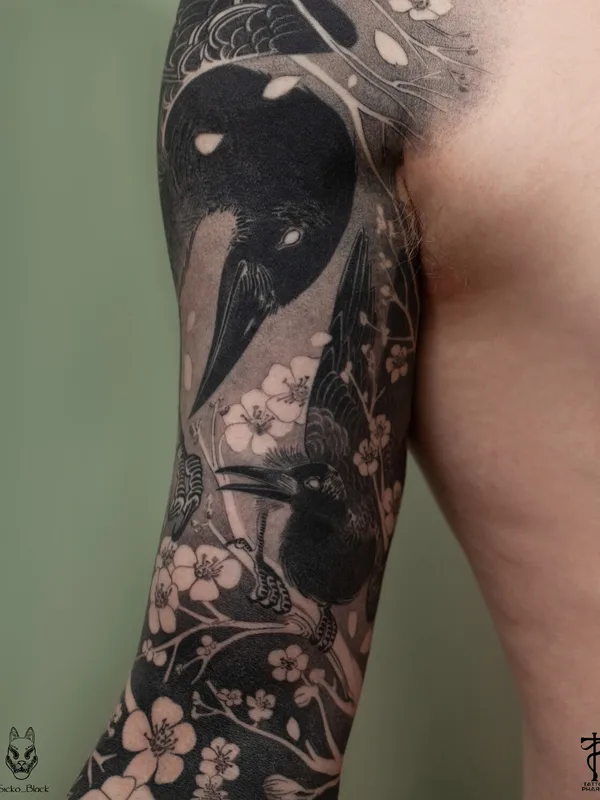 black and grey blackwork татуировка на full sleeve #96936 | Тату мастер Sicko Black