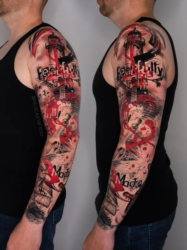 male color trashpolka tattoo on sleeve #97196 | Tattoo Artist Nik Lucas