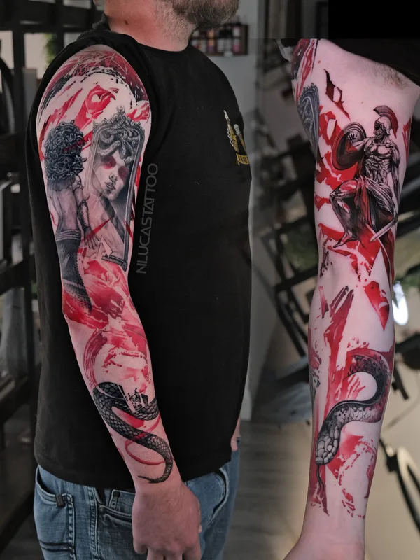 male color trashpolka tattoo on sleeve #97198 | Tattoo Artist Nik Lucas