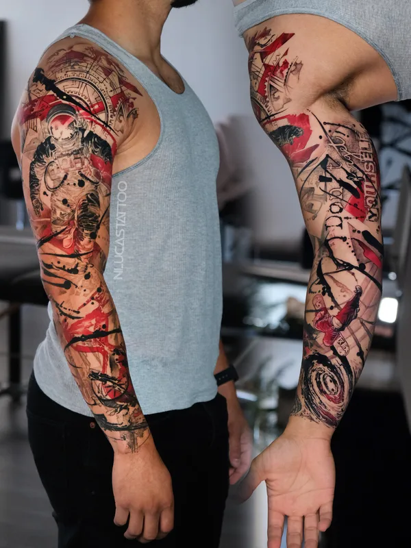 male color trashpolka tattoo on sleeve #97199 | Tattoo Artist Nik Lucas