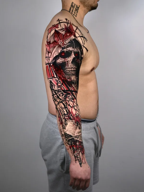 male color trash polka tattoo on full sleeve #97200 | Tattoo Artist Nik Lucas