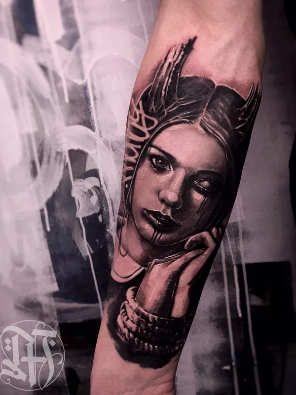male black authorsstyle tattoo auf forearm #93449 | Tätowierer Саша Мезо