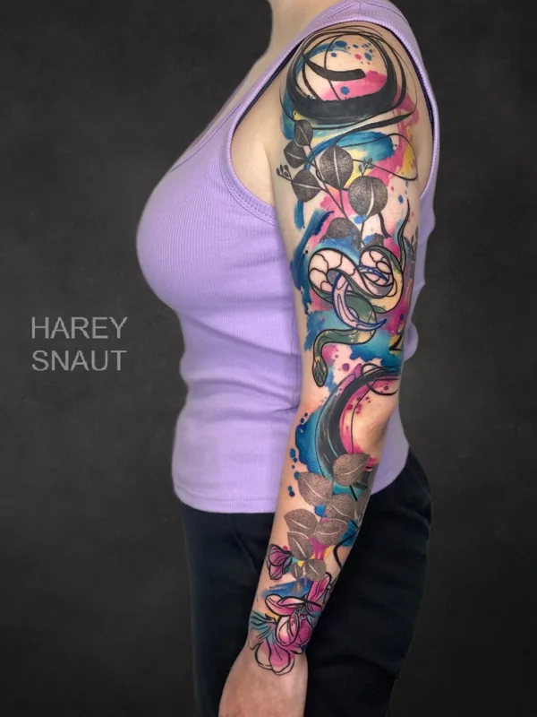female color watercolor tatouage sur sleeve #94215 | Artiste tatoueur Harey Snaut