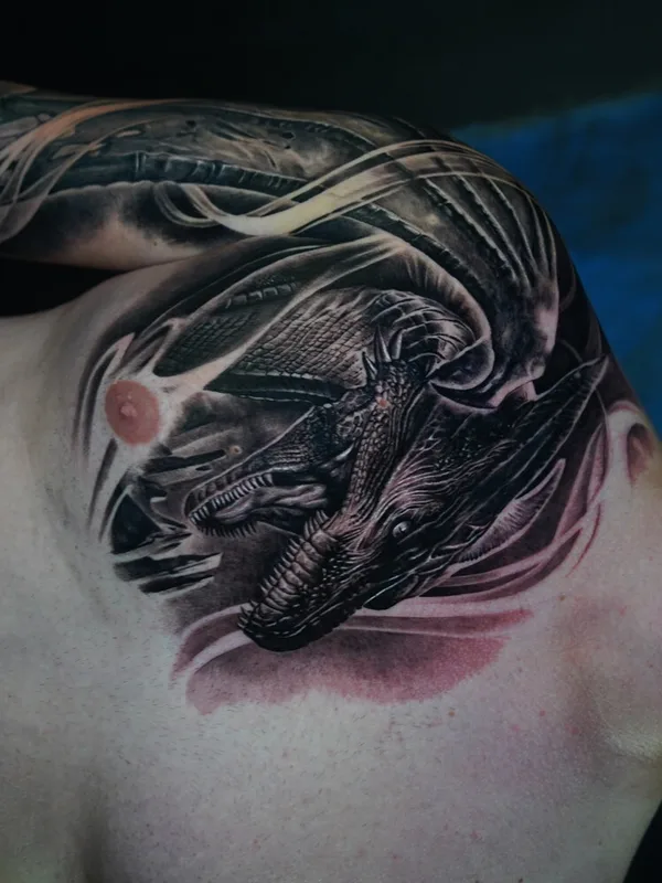male black and grey biomechanical татуировка на chest #99233 | Тату мастер Gregory Pazdniakou 