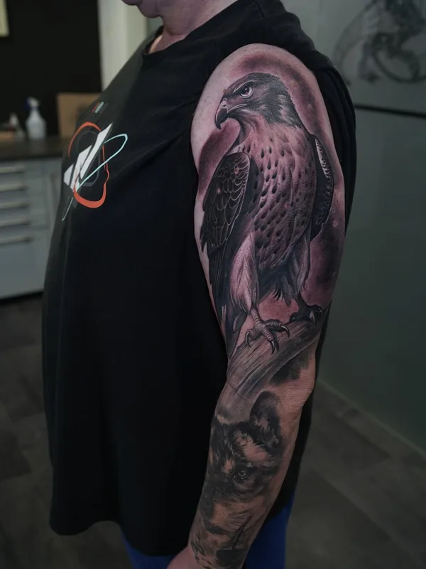 black and grey realism татуировка на full sleeve #99237 | Тату мастер Gregory Pazdniakou 