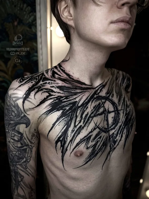 male blackandgrey darklettering Tatuagem em breast #97603 | Tatuador Сергей Тымкив