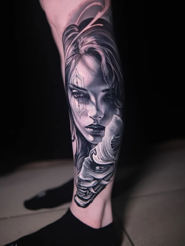 black and grey realism tattoo on calf #98981 | Tattoo Artist Сергей Менщиков 
