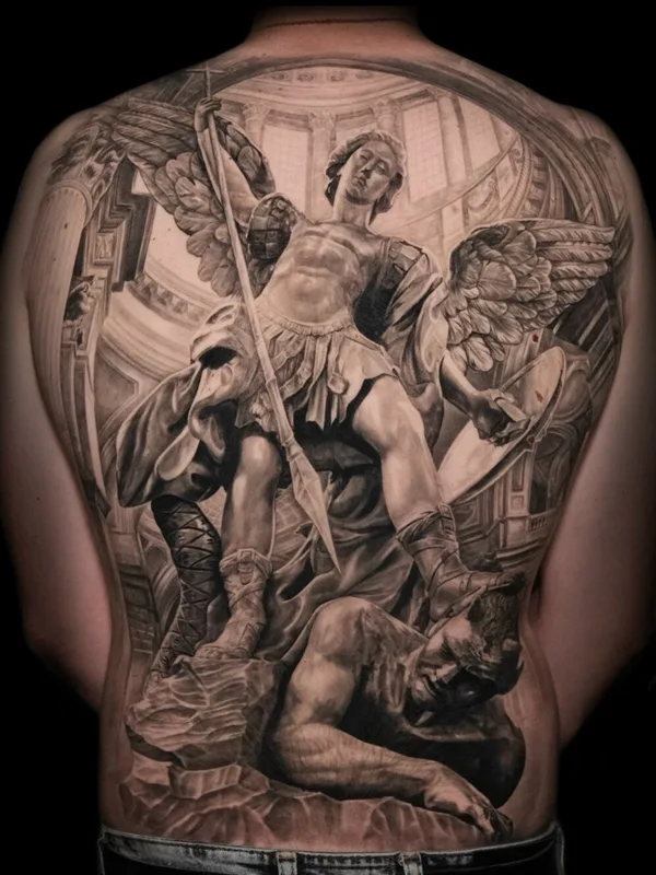 black and grey realism tattoo on full back #98987 | Tattoo Artist Сергей Менщиков 