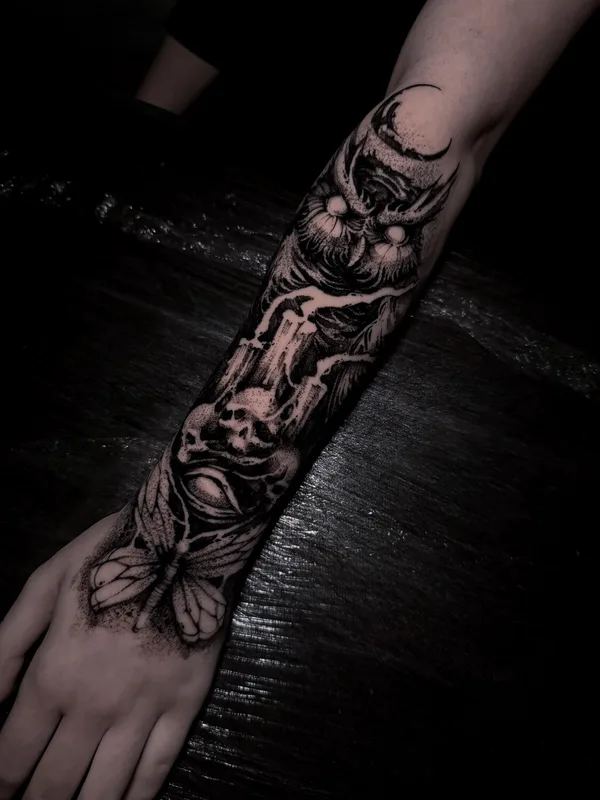 black and grey blackwork татуировка на full sleeve #95915 | Тату мастер ГЛЕБ ФИЛЬШИН