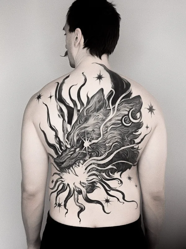 male black and grey blackwork татуировка на full back #100353 | Тату мастер Мария / serene.sirin 