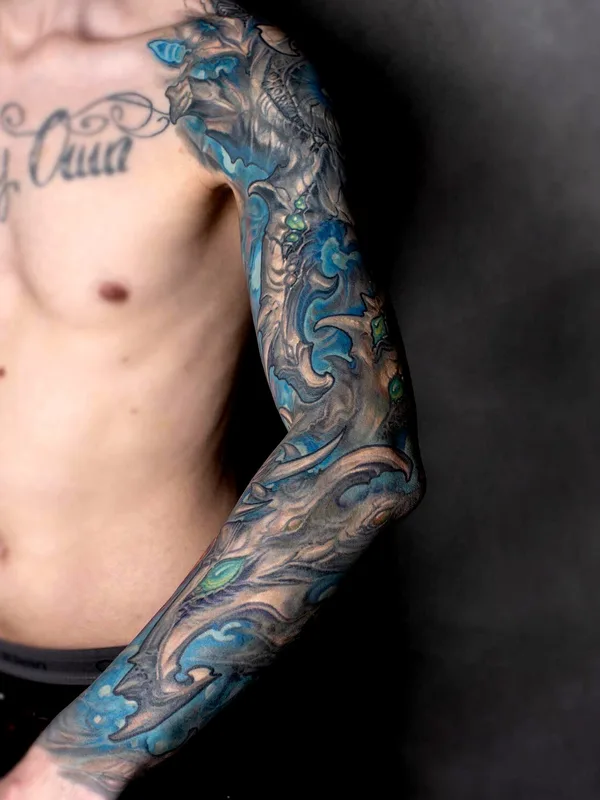 male color illustrative tattoo on full sleeve #97064 | Tattoo Artist Kirill Putiatin 