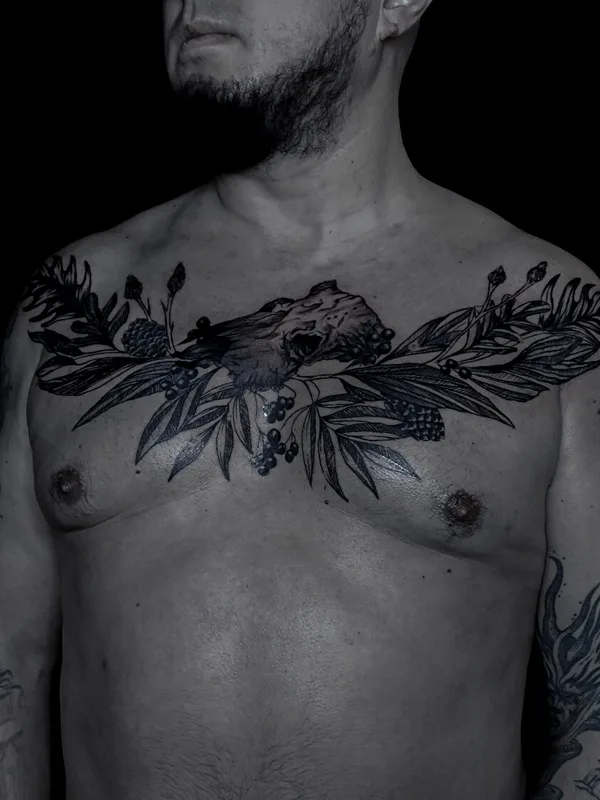 male black graphic tattoo auf breast #101090 | Tätowierer Polina Inquizitsiya