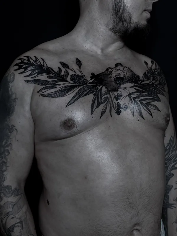 male black graphic tattoo auf breast #101088 | Tätowierer Polina Inquizitsiya