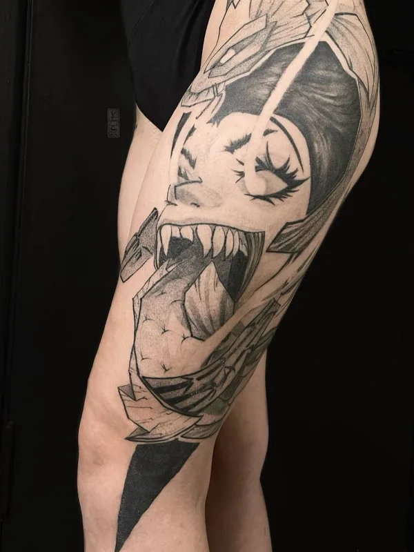 female blackandgrey graphic Tatuaggio su thigh #97897 | Tatuatore Мателёнок Вячеслав