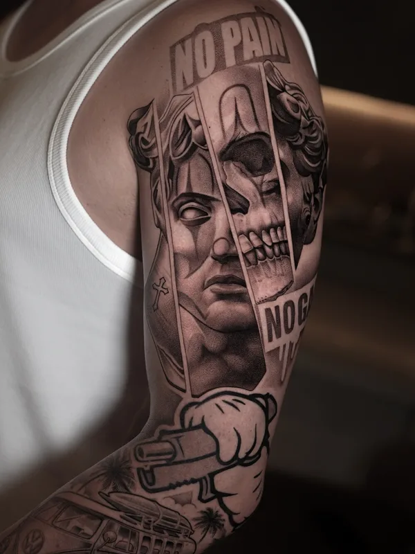 male black and grey black and grey 타투 부위 upper arm #93279 | 타투이스트 Sasha Hugo