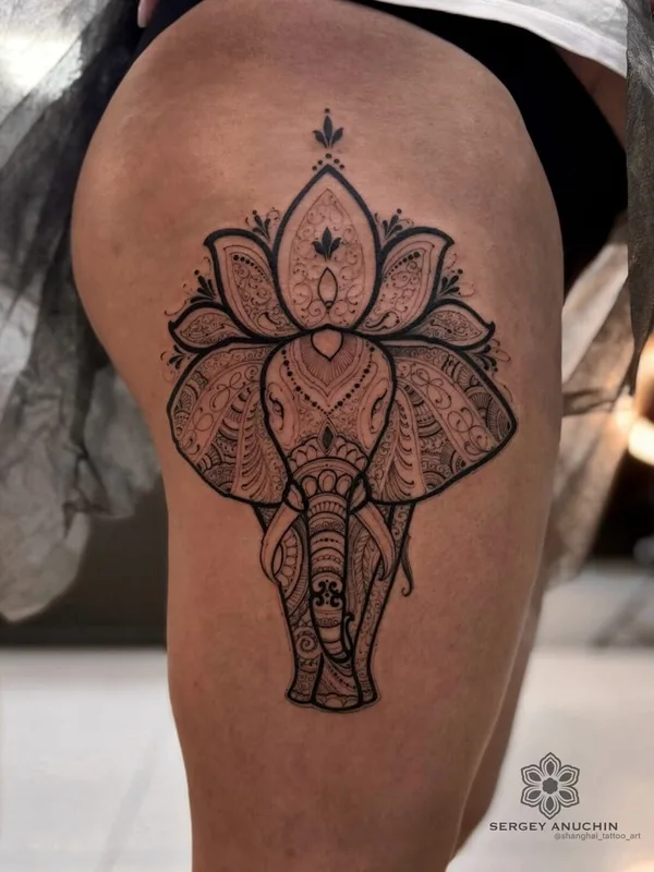 female black oriental татуировка на thigh #105706 | Тату мастер Sergey Anuchin