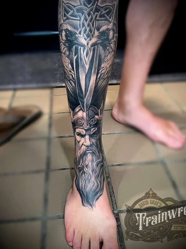 blackandgrey black and grey татуировка на leg #102042 | Тату мастер Trainwreck Tattoo Studio/ David Gray Tattoos