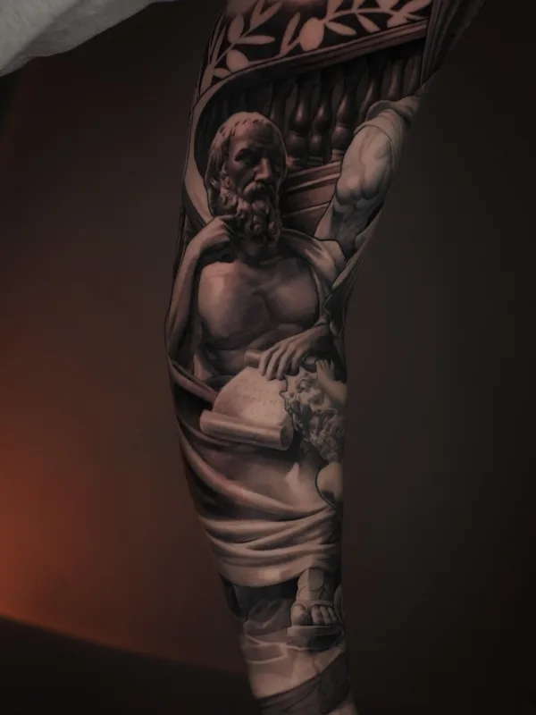 male blackandgrey realism tattoo auf sleeve #105670 | Tätowierer Алексей Титов
