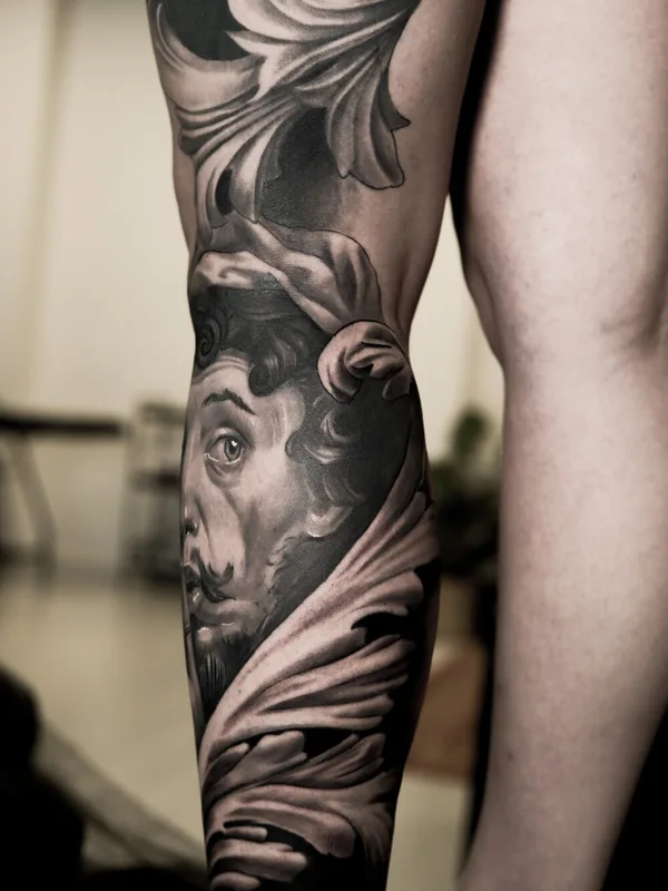 black and grey realism 타투 부위 calf #96762 | 타투이스트 Александр Максимов
