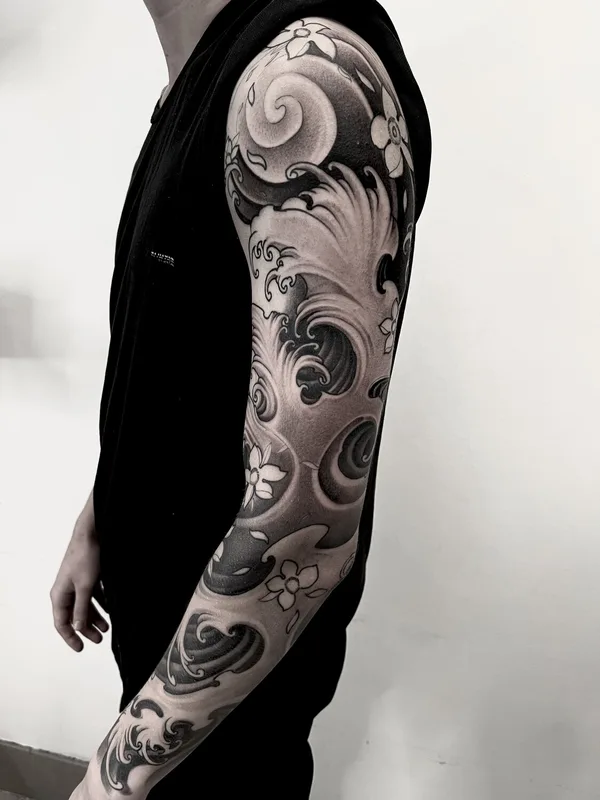 black and grey japanese татуировка на full sleeve #96750 | Тату мастер Паша Игнатьев 