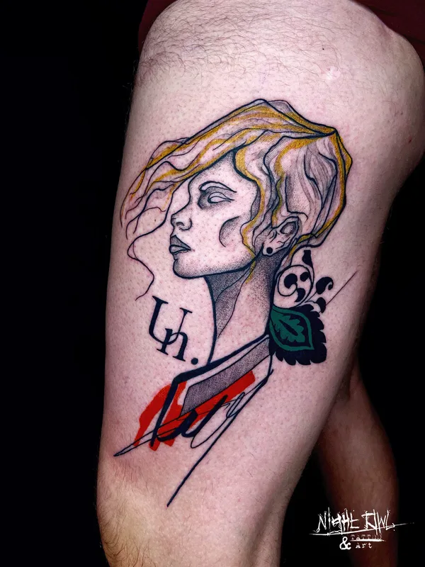 color sketch tattoo on leg #104672 | Tattoo Artist Night Owl Tattoo