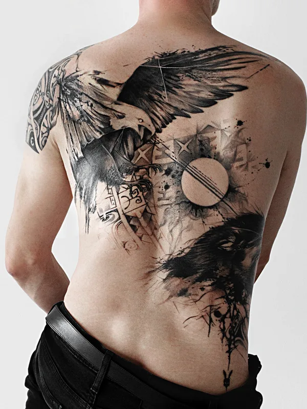 male black and grey blackwork tattoo auf full back #96766 | Tätowierer Delphine CENCIG