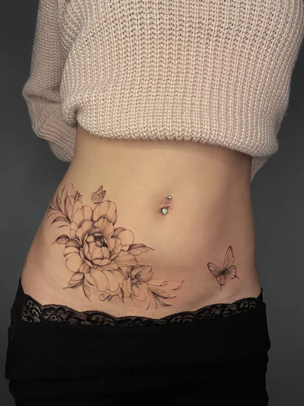 female blackandgrey fineline tattoo on stomach #98060 | Tattoo Artist Виктория Маслова