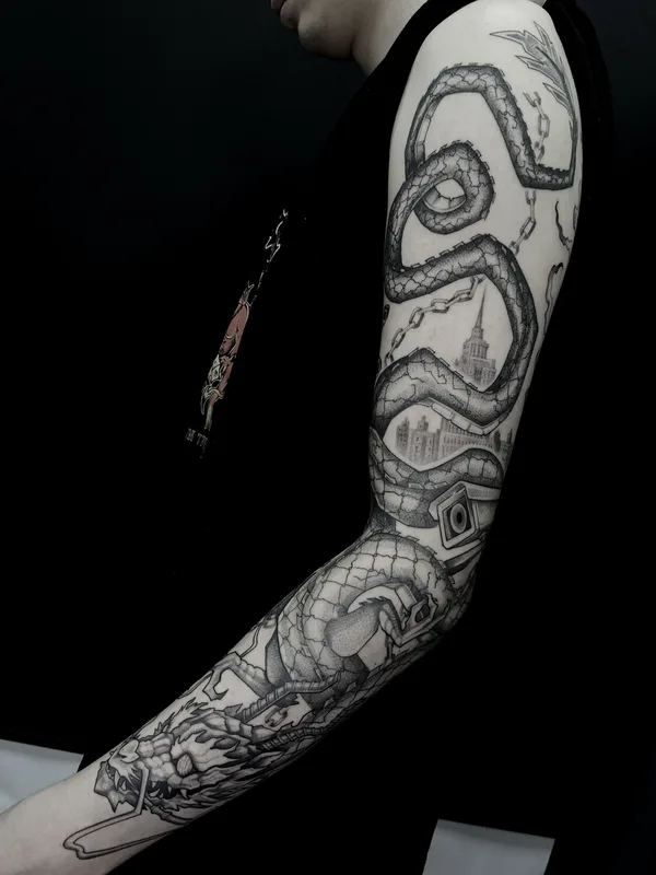 male black graphic Tatuagem em sleeve #96144 | Tatuador Александр Шкуратов