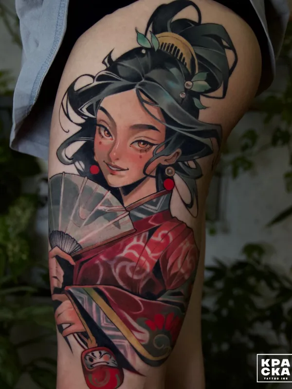 female color illustrative tattoo auf thigh #93216 | Tätowierer Анна Рубиросса