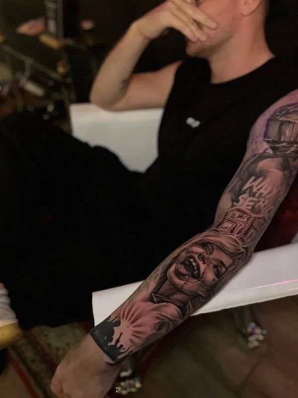 male black and grey realism Tatuagem em full sleeve #97694 | Tatuador Виолетта Мартынова 