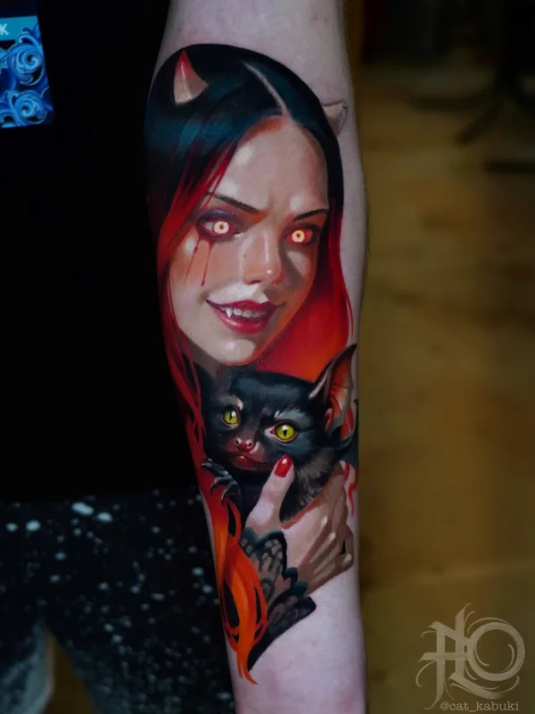 male color portrait tattoo auf forearm #99911 | Tätowierer Анастасия Юсупова CAT_KABUKI