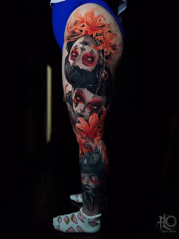 female color portrait tattoo auf leg #99914 | Tätowierer Анастасия Юсупова CAT_KABUKI