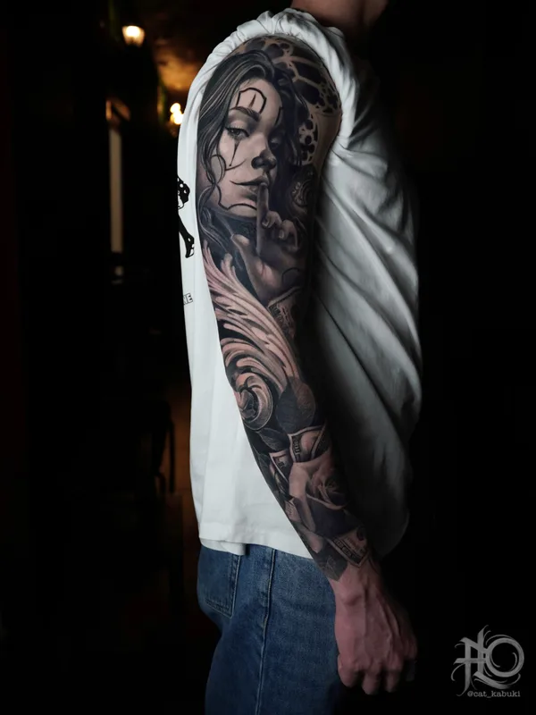 male blackandgrey chicano tattoo auf sleeve #99916 | Tätowierer Анастасия Юсупова CAT_KABUKI