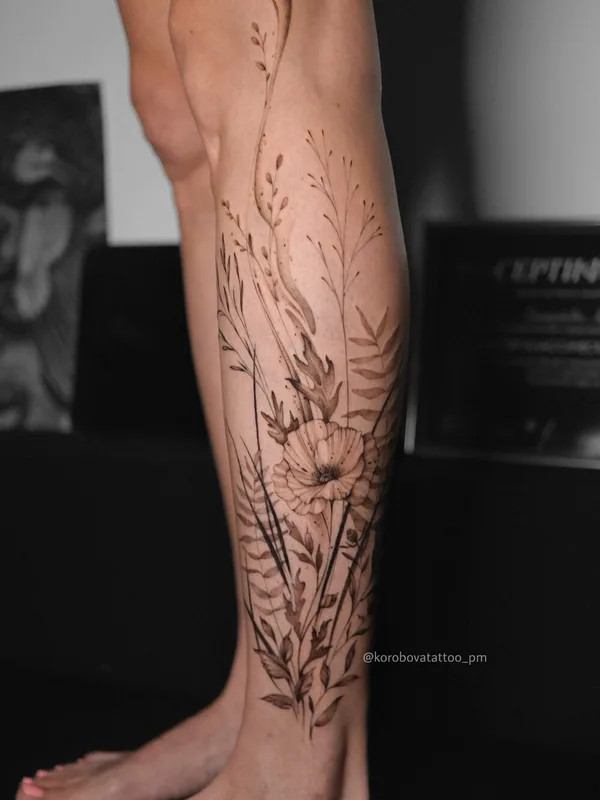 female black botaniс tattoo on leg #103805 | Tattoo Artist Елена Коробова