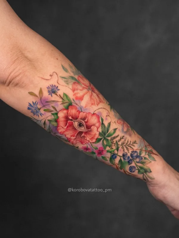 female color watercolor tattoo on arm #104567 | Tattoo Artist Елена Коробова