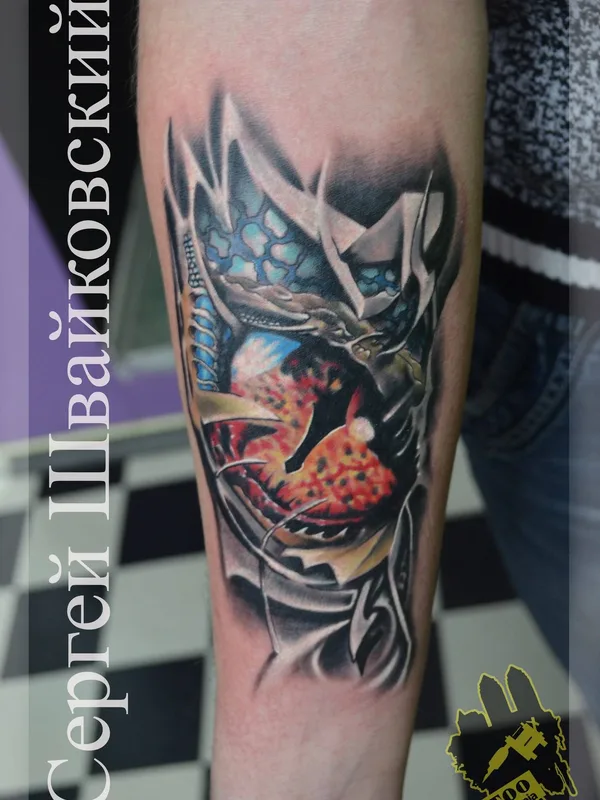 color biomechanical tattoo on forearm #24680 | Tattoo Artist Serg Shvayko