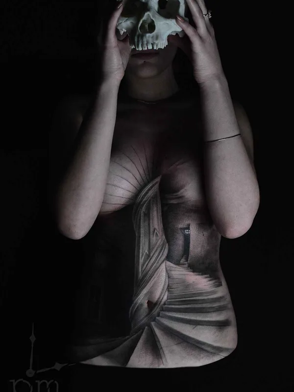 female black and grey realism Tatuaggio su chest #7493 | Tatuatore Mihail & Polina