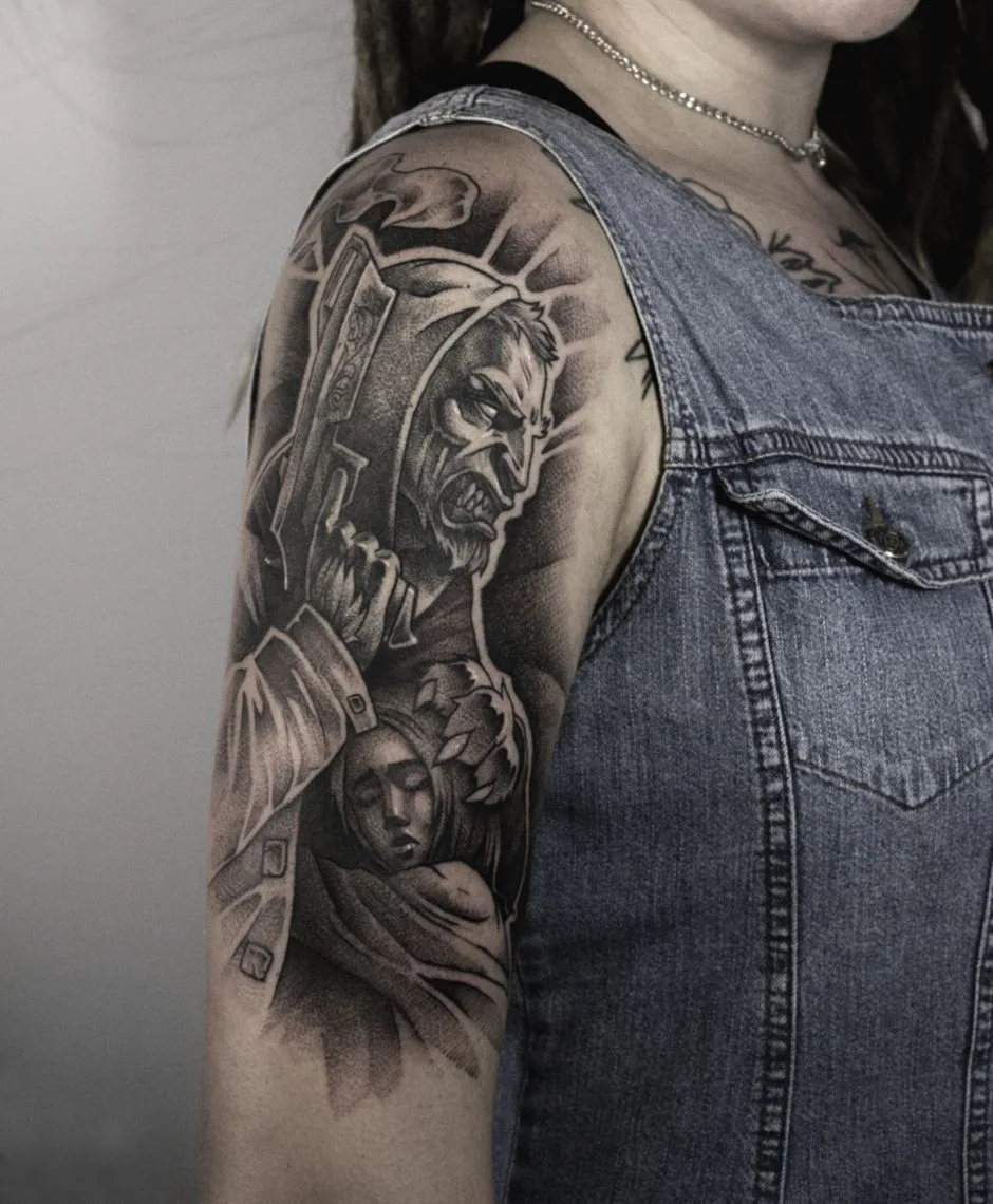 Tattoo artist Kolya Sab, graphic tattoo in graffiti style | Moscow, Saint Petersburg, Russia