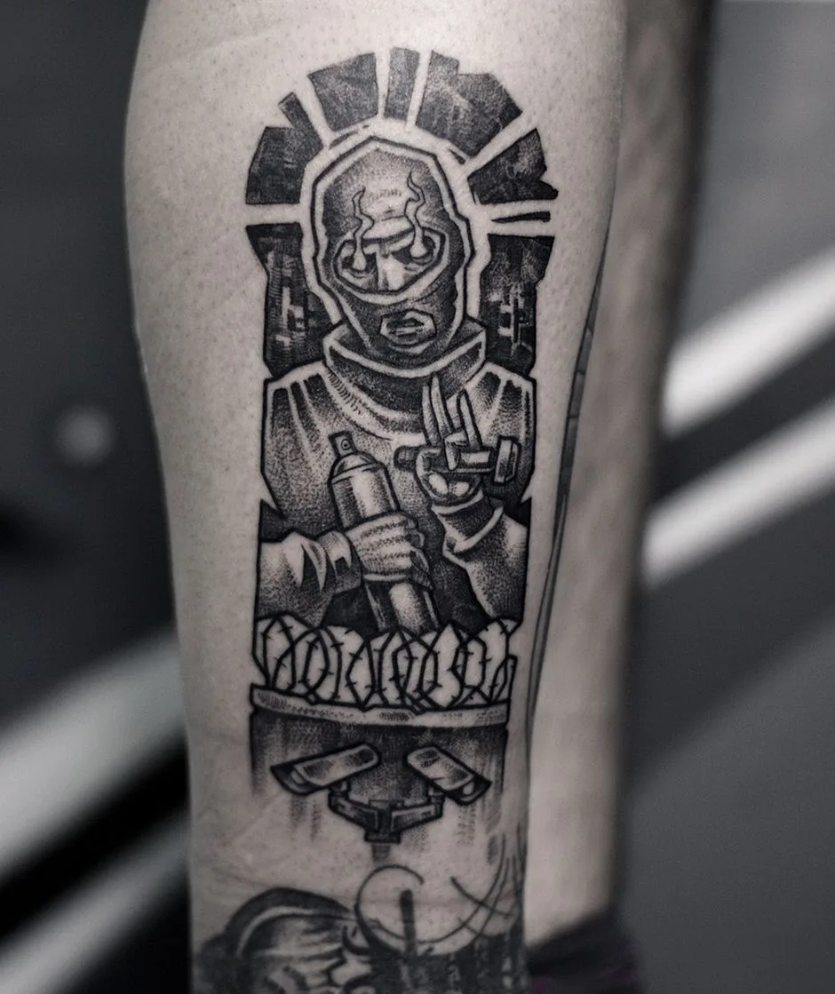 Tattoo artist Kolya Sab, graphic tattoo in graffiti style | Moscow, Saint Petersburg, Russia