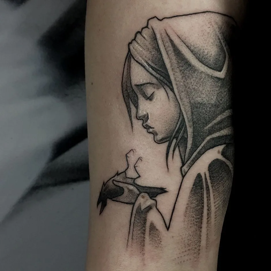 Tattoo artist Kolya Sab, graphic tattoo in graffiti style | Moscow, Saint Petersburg, Russia