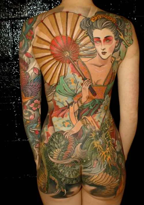 female color japanese tatouage sur full back #709 | Artiste tatoueur Matty D Mooney