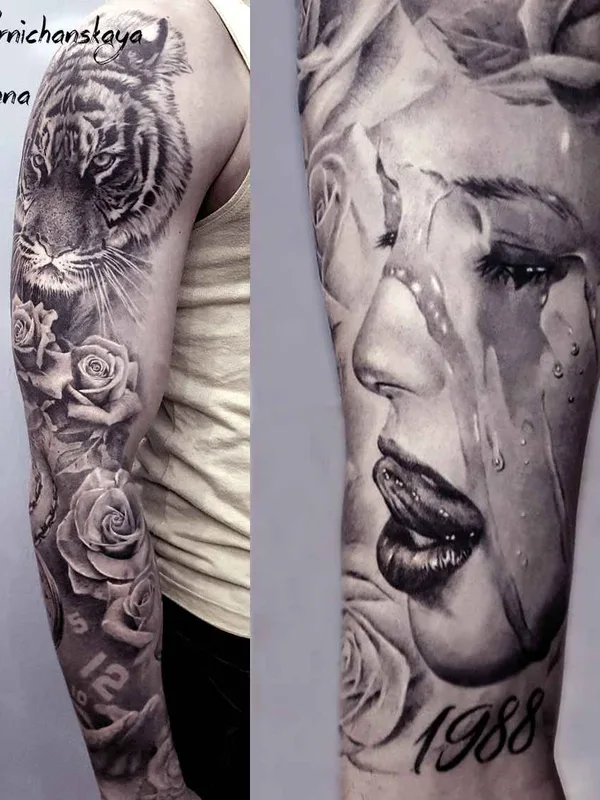 black and grey realism татуировка на full sleeve #13849 | Тату мастер Елена Керничанская