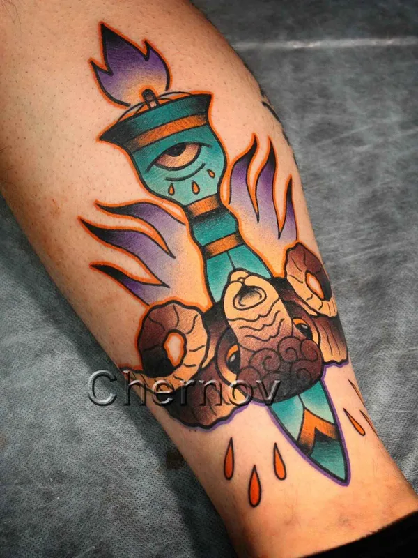 color traditional tatouage sur calf #7728 | Artiste tatoueur Дмитрий Чернов