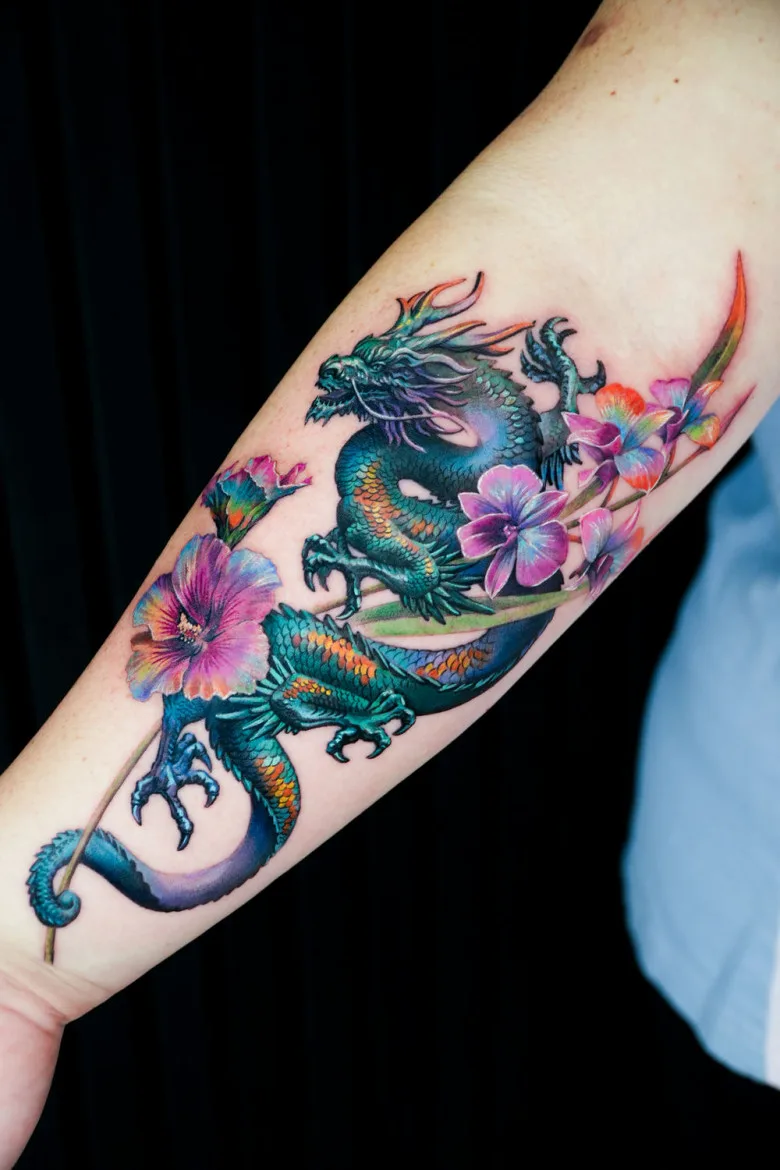 Dragon and Flowers Tattoo – A striking tattoo of a traditional Asian-style dragon in shades of green and blue, intertwined with pink and purple flowers on the forearm. The composition combines dynamic movement with intricate floral details.